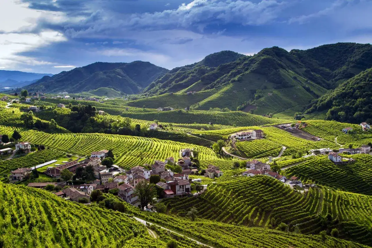 Panoramica delle colline del Prosecco, con vigneti a terrazze che scendono dolcemente verso piccoli borghi. Un paesaggio incantevole da esplorare.