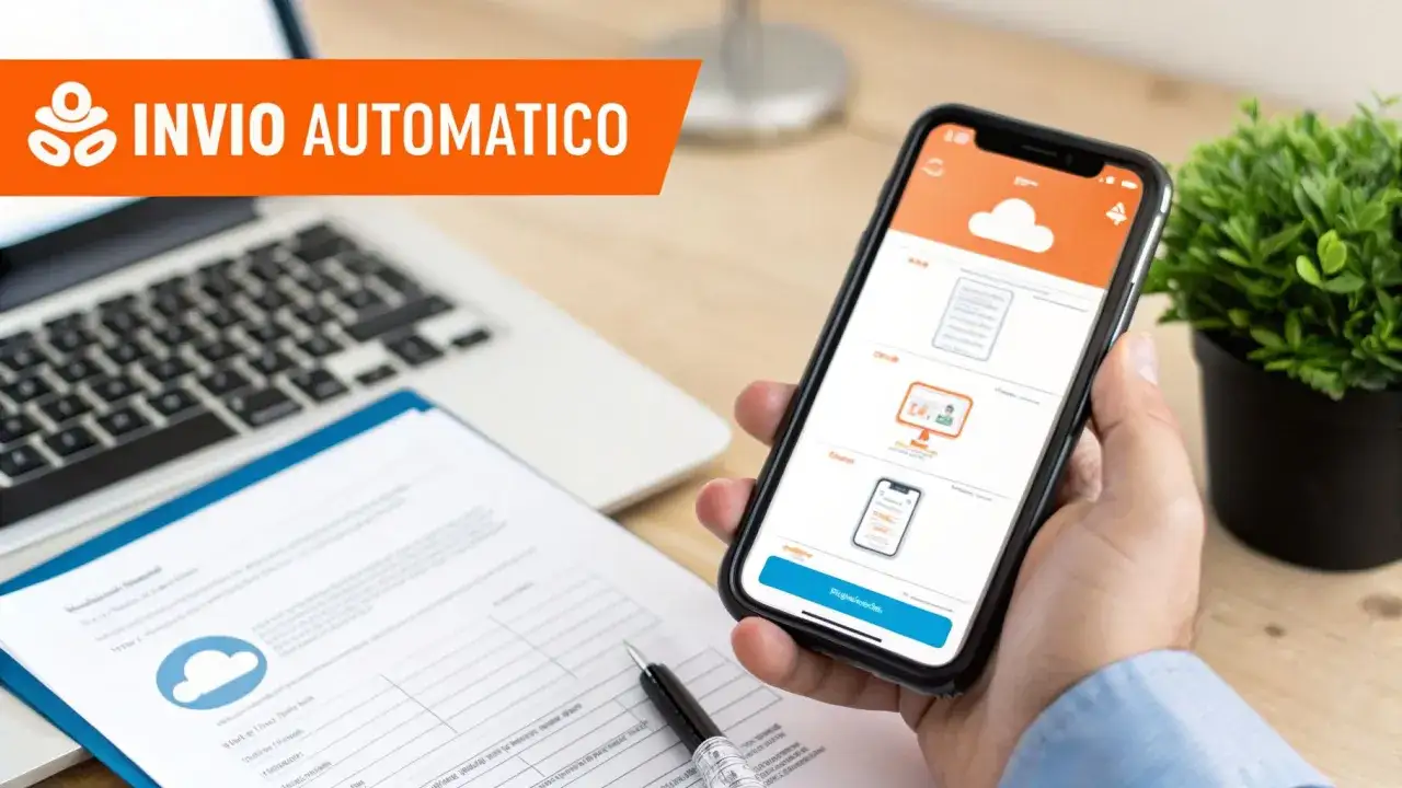 Smartphone con app per invio schedine alloggiati in ritardo. Laptop e fogli su scrivania.