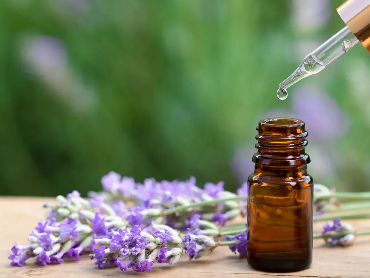 Une goutte d'huile essentielle de lavande tombe d'un compte-gouttes dans un flacon ambré, à côté de fleurs de lavande. Idéal pour le traitement de la mycose pied.