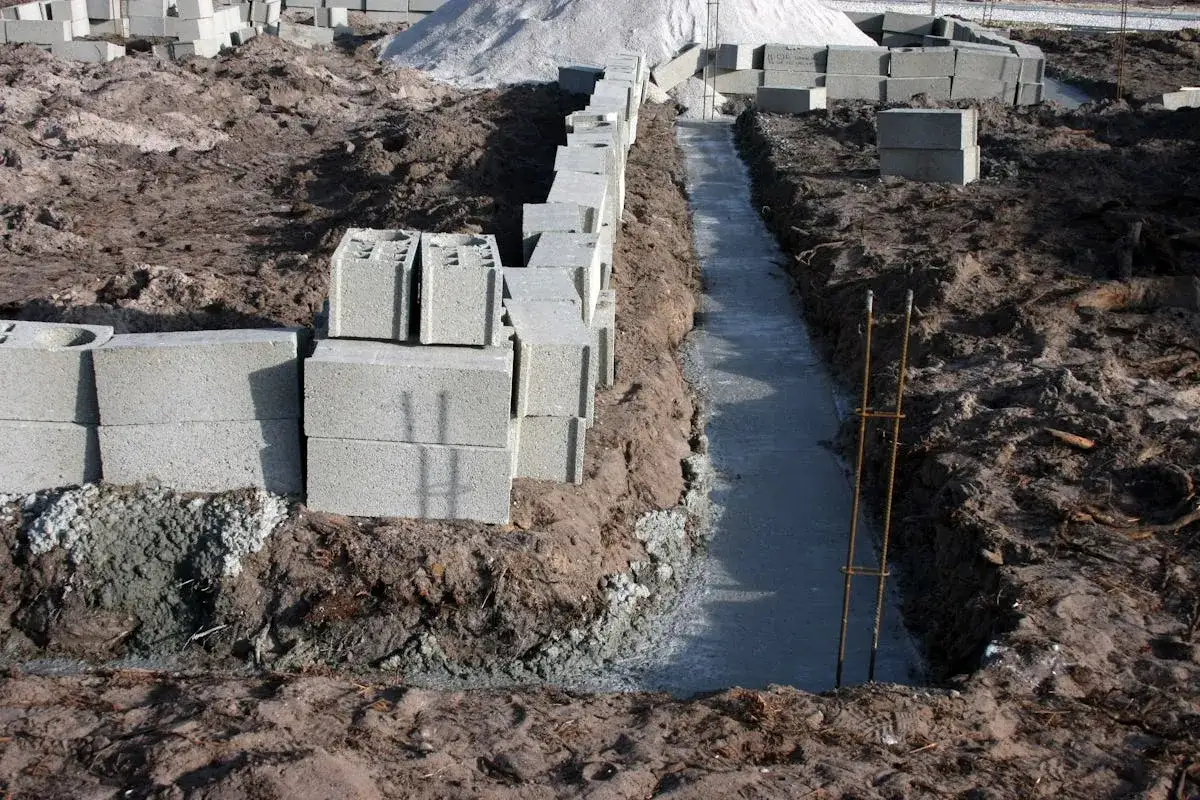 Construction d'une fondation en béton pour une extension de maison de 30m2. Des parpaings sont empilés à côté.