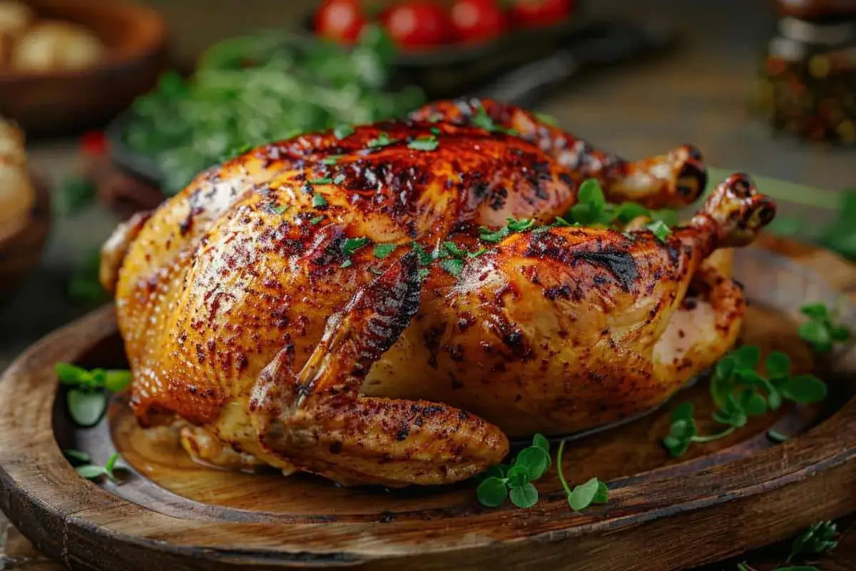 Un app&eacute;tissant poulet au four, dor&eacute; et croustillant, garni de persil frais, sur un plateau en bois rustique.