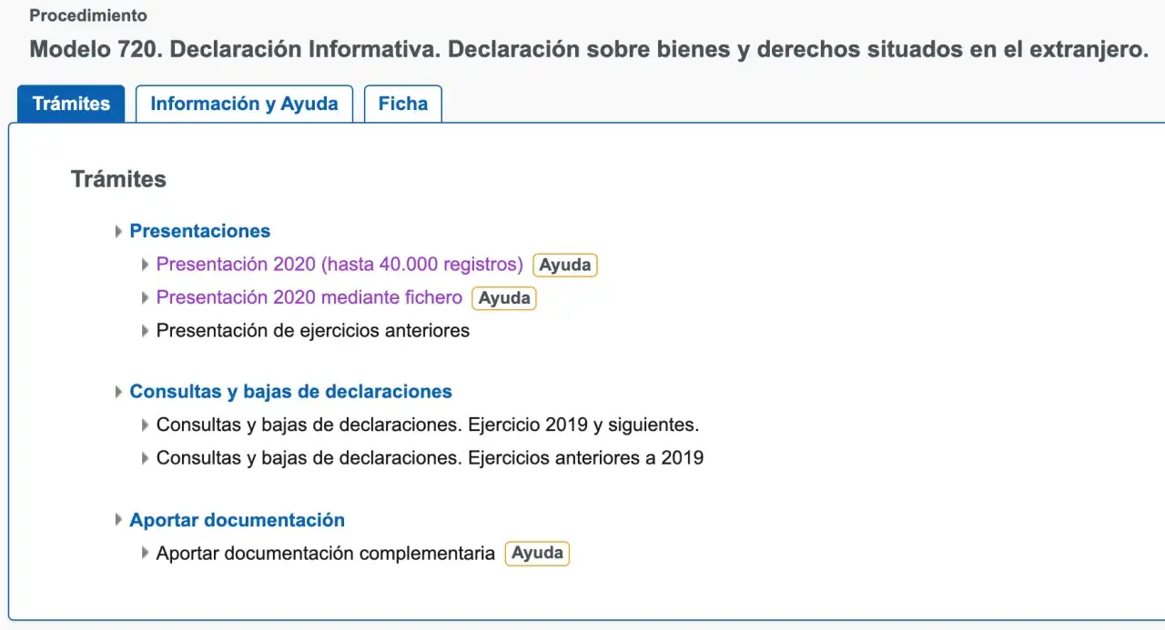 P&aacute;gina de tr&aacute;mites del Modelo 720. Declaraci&oacute;n Informativa para obligados a declarar bienes en el extranjero. Incluye presentaciones y consultas.