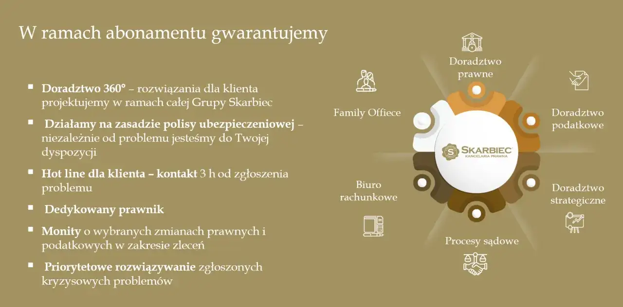 Kancelaria prawna Skarbiec oferuje kompleksowe doradztwo: prawne, podatkowe, strategiczne, rachunkowe i rodzinne.