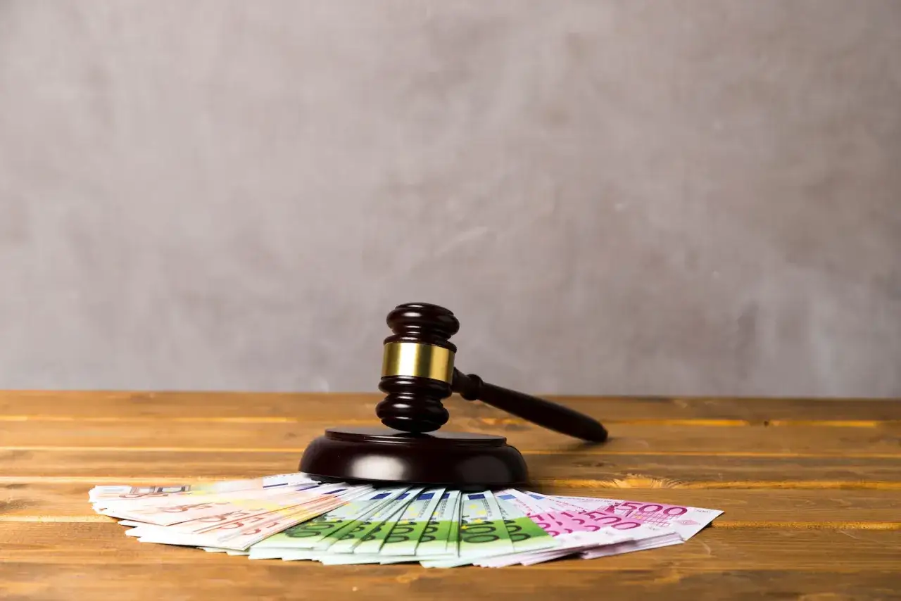 Młotek sędziowski na banknotach euro symbolizuje zbieg egzekucji komorniczych i sprawiedliwość finansową.