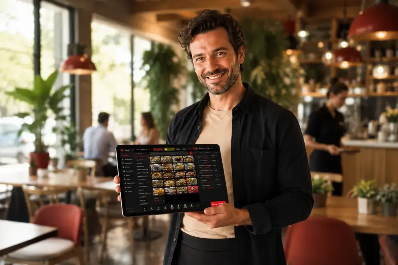 Hombre sonriente muestra tablet con interfaz de gesti&oacute;n de restaurantes.