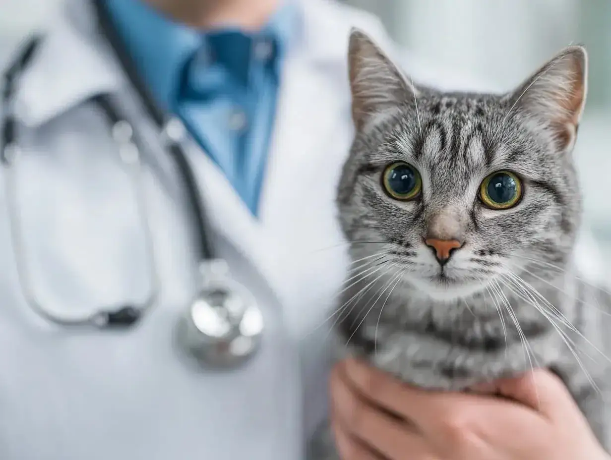 Un chat tigré aux grands yeux verts est tenu par une main, près du cou d'un vétérinaire en blouse blanche avec un stéthoscope.