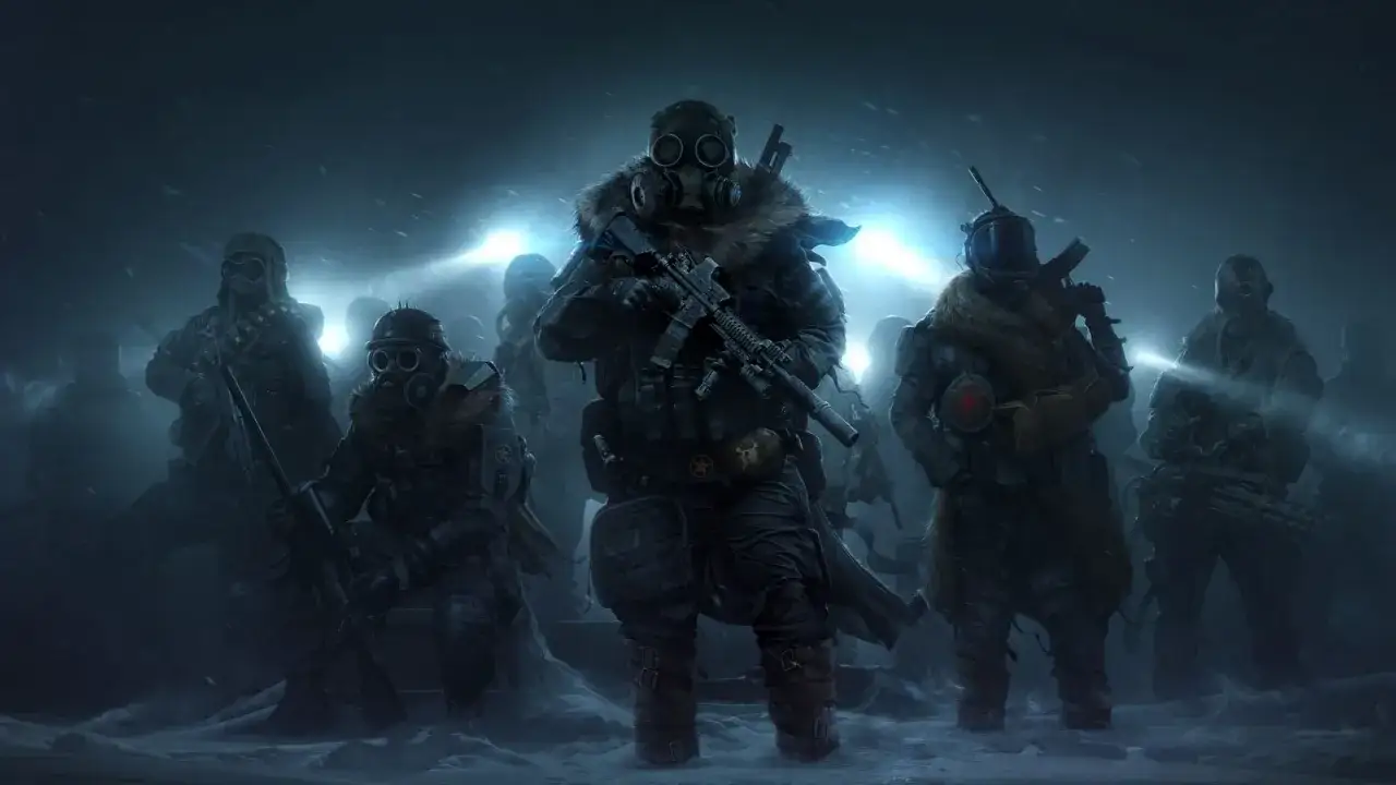 Grupa żołnierzy w maskach gazowych i futrzanych płaszczach, gotowa do walki w mroźnym **wasteland 2**.