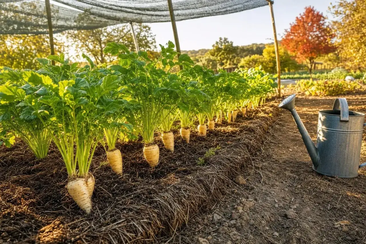 L&eacute;gumes racines p&acirc;les, peut-&ecirc;tre des panais, poussent en rang&eacute;es sous un filet. Une arrosoir en m&eacute;tal est &agrave; proximit&eacute;, sugg&eacute;rant des l&eacute;gumes rares oubli&eacute;s en culture.