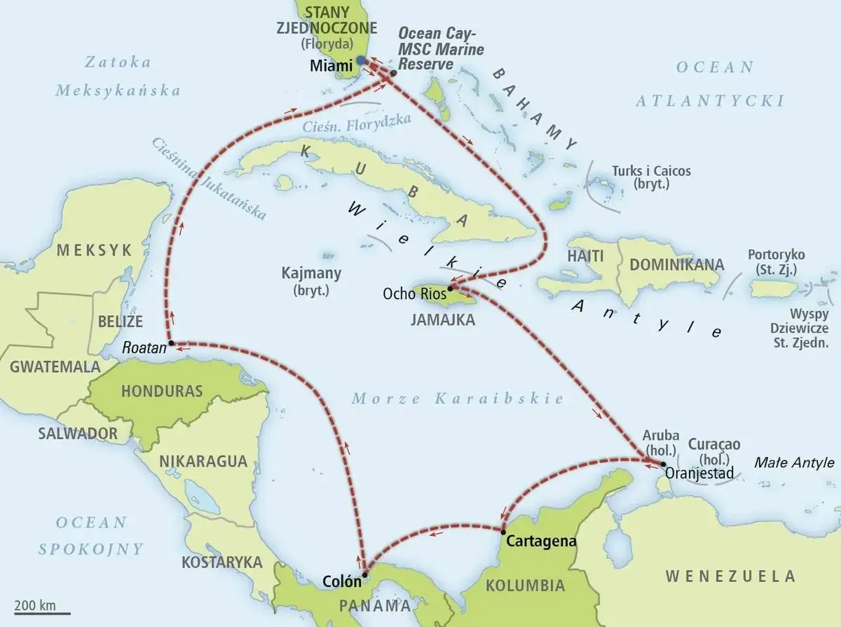 Mapa Karaibów z zaznaczoną trasą rejsu, zaczynającą się w Miami, gdzie leży, i prowadzącą przez Jamajkę, Kolumbię i Panamę.