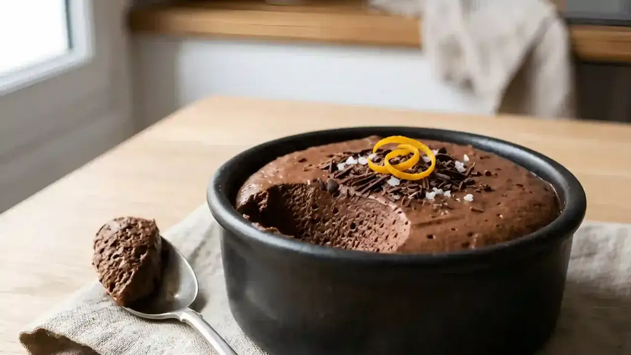 Une cuill&egrave;re de mousse au chocolat a&eacute;rienne, garnie d'&eacute;corce d'orange et de copeaux de chocolat, pr&ecirc;te &agrave; &ecirc;tre d&eacute;gust&eacute;e.