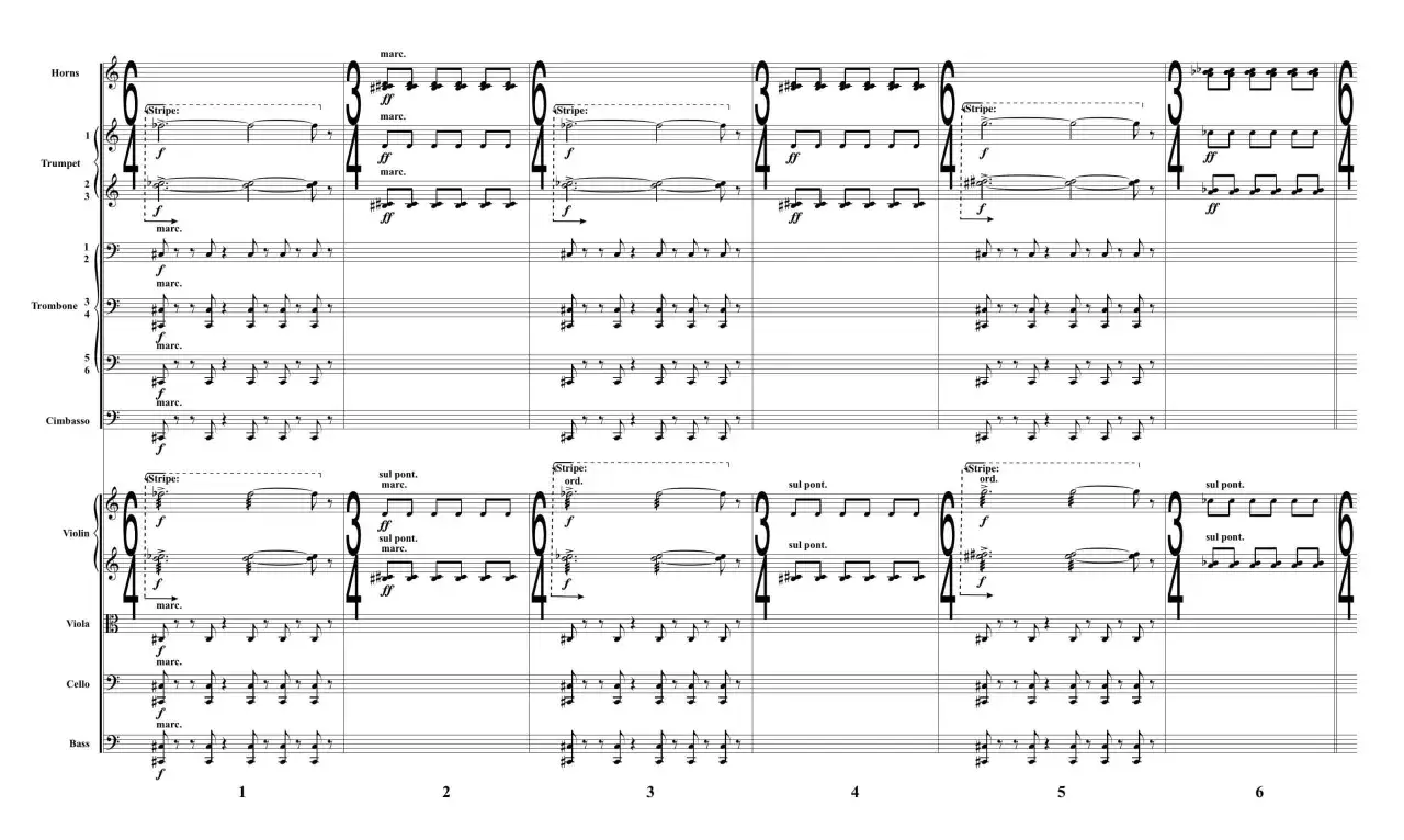 A split sheet music score for a large ensemble, featuring horns, trumpets, trombones, cimbasso, violins, violas, cellos, and bass.