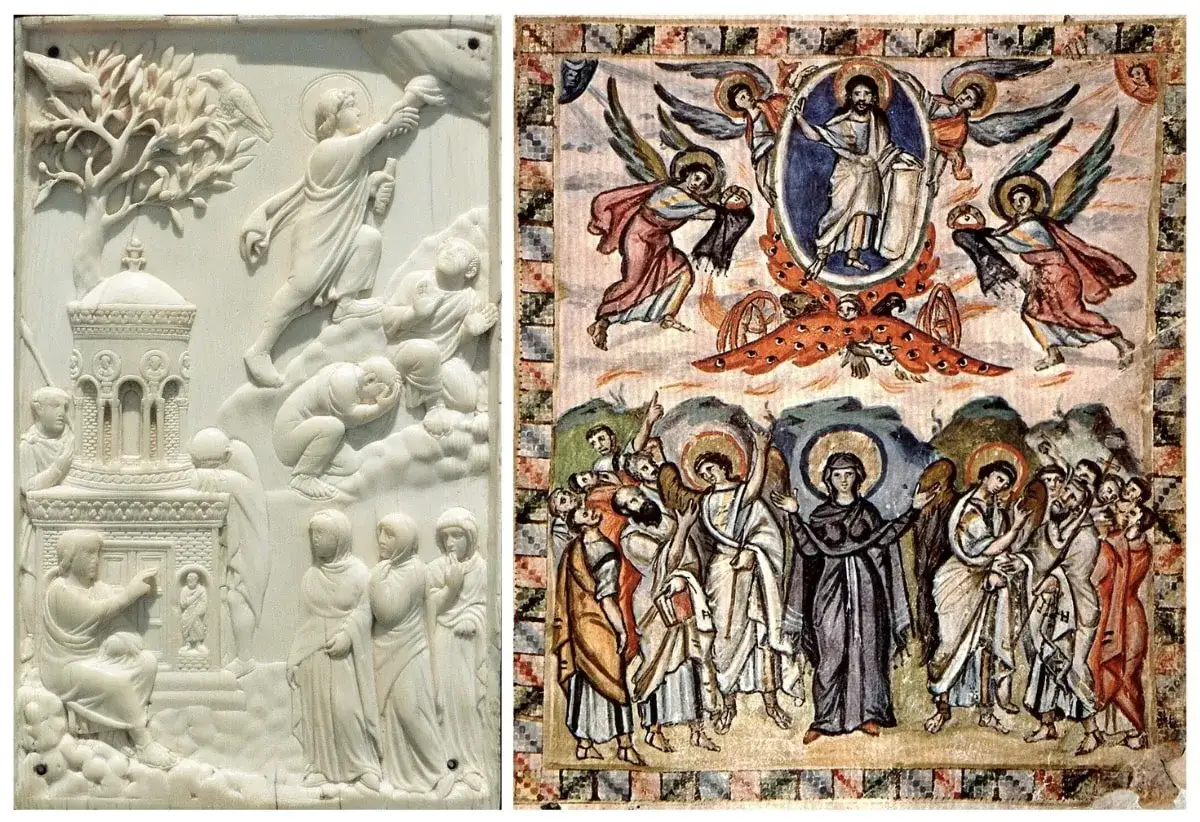 Elfenbeinschnitzerei und Miniaturmalerei zeigen Christi Himmelfahrt, eine biblische Szene.