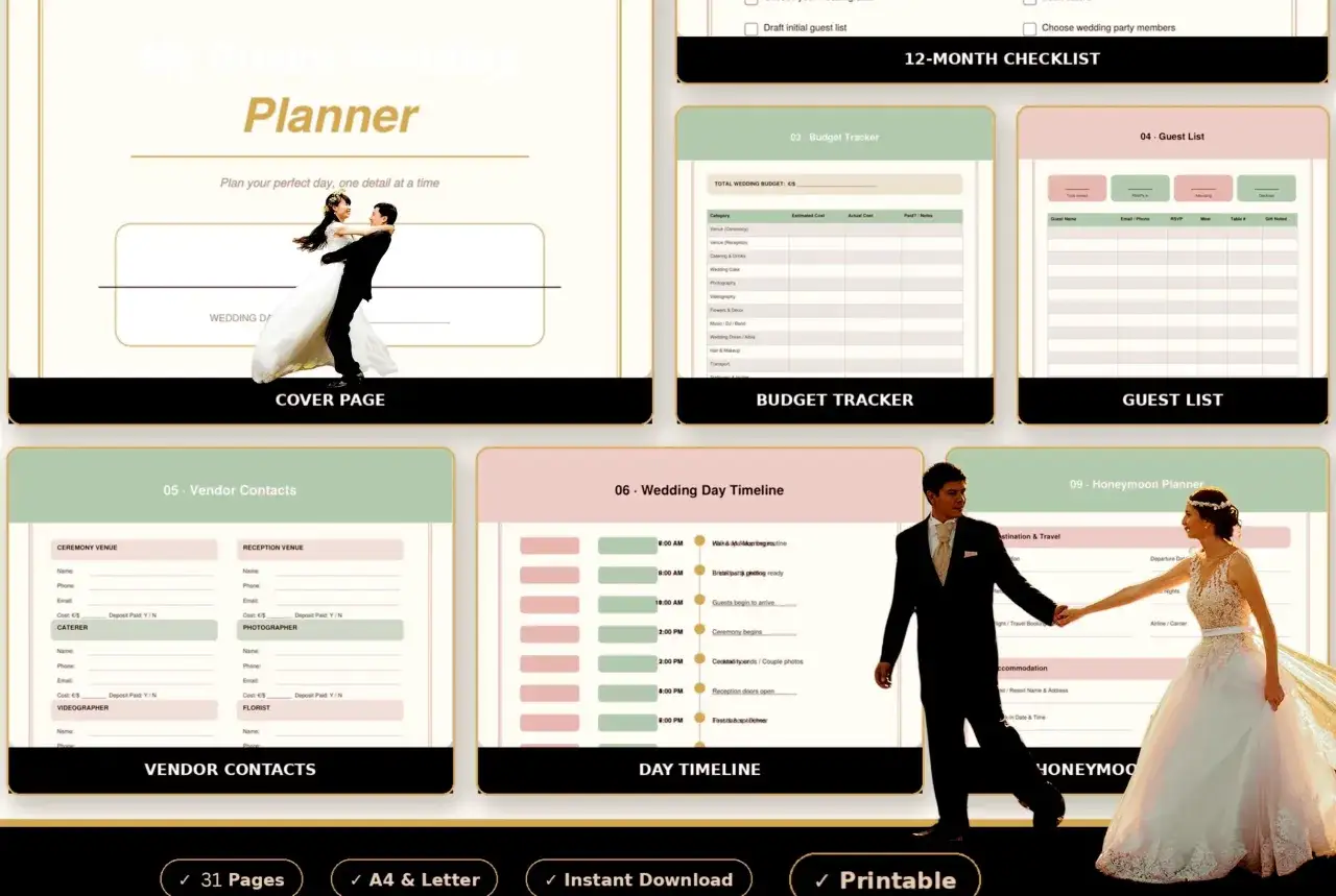 Twój wymarzony planner ślubny: okładka, budżet, lista gości, harmonogram dnia i wiele więcej. Zaplanuj idealny dzień z tym plannerem ślubnym.