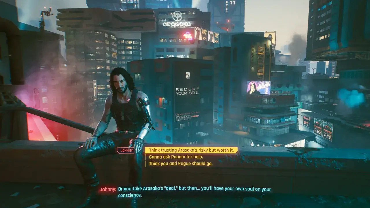 Johnny Silverhand na dachu w Night City, rozważa, komu ufać w tej grze, gdzie cyberpunk 2077 komu bije dzwon.