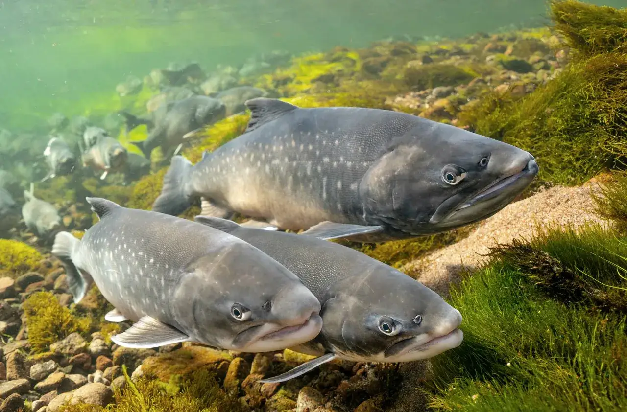 Drei stattliche Salmoniden Fische schwimmen in klarem Wasser &uuml;ber einem steinigen Grund mit Moos.