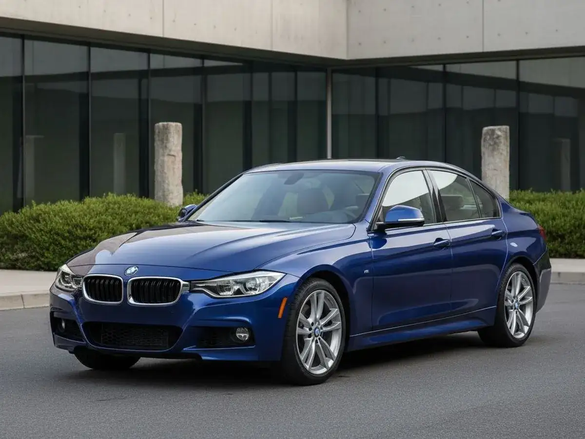 Niebieskie BMW F30 przed nowoczesnym budynkiem. Zastanawiasz się nad jego **kosztami utrzymania**?