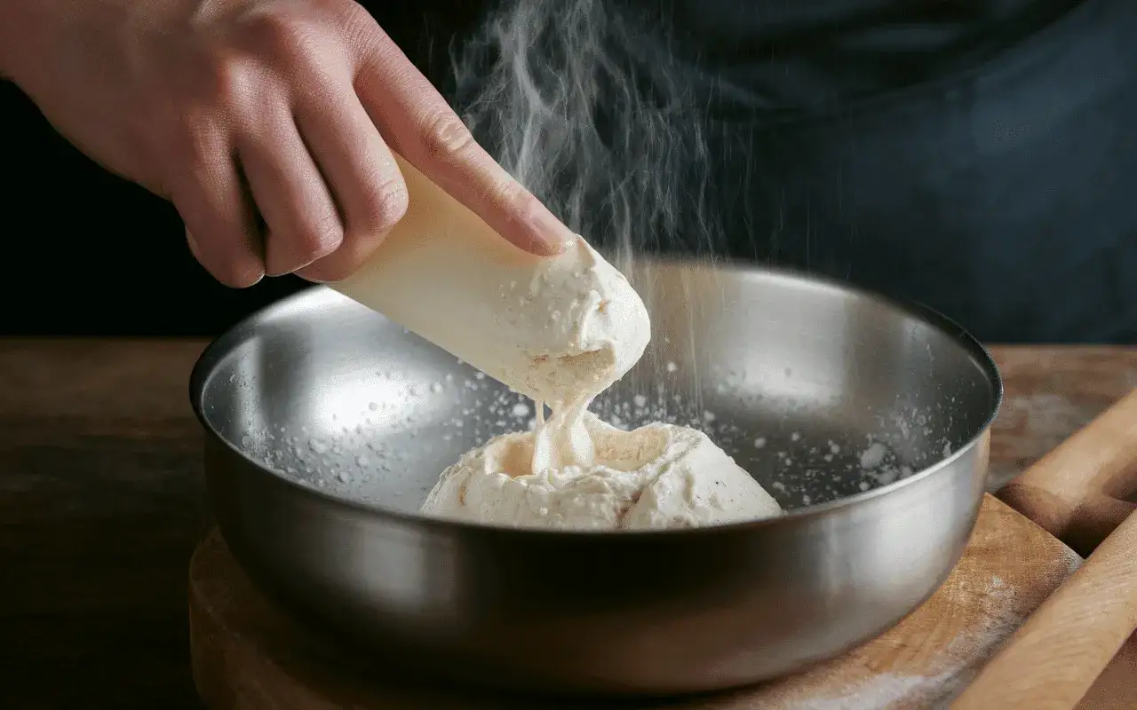 Main d'un p&acirc;tissier incorporer blanc en neige dans une pr&eacute;paration cr&eacute;meuse dans un bol en m&eacute;tal.