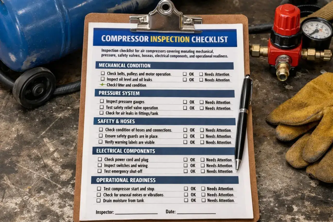 Lista de verificación para saber como limpiar un compresor de aire, revisando su estado mecánico, presión, seguridad y componentes eléctricos.