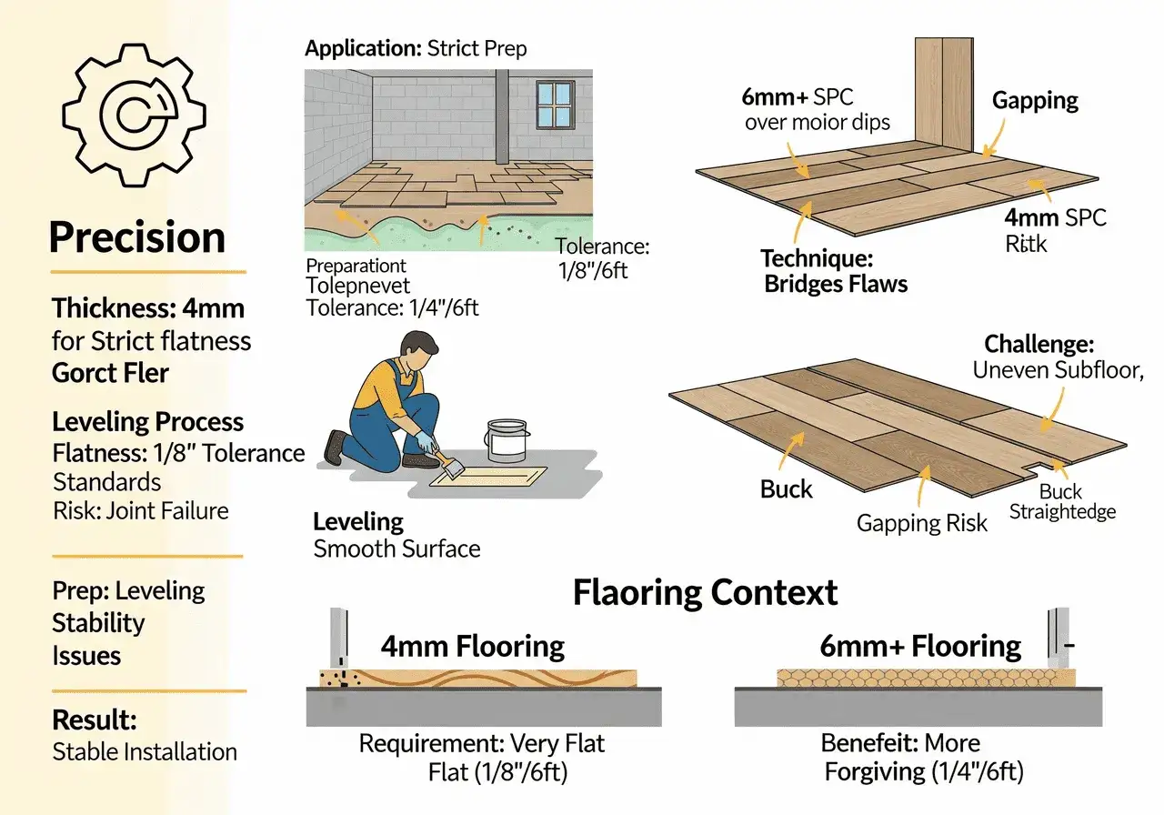 Diagram illustrating precision in plank flooring installation, highlighting strict prep, leveling, and the challenges of uneven subfloors.
