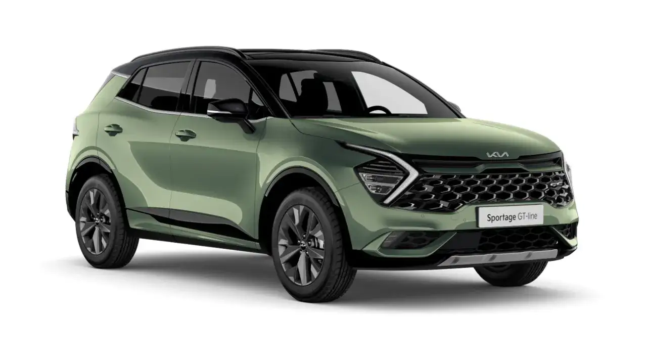 Nowy Kia Sportage 1. GT-line w kolorze zielonym, z czarnym dachem, prezentuje się dynamicznie.