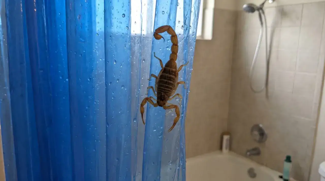 Un escorpi&oacute;n marr&oacute;n trepa por una cortina de ducha azul mojada. &iquest;Qu&eacute; comen los escorpiones? Insectos, ara&ntilde;as y peque&ntilde;os vertebrados.