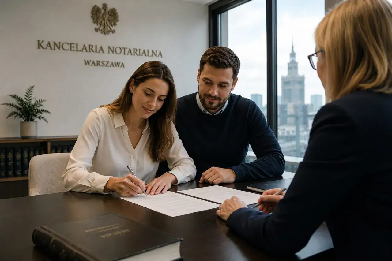 Para podpisuje akt notarialny mieszkania w kancelarii notarialnej w Warszawie.