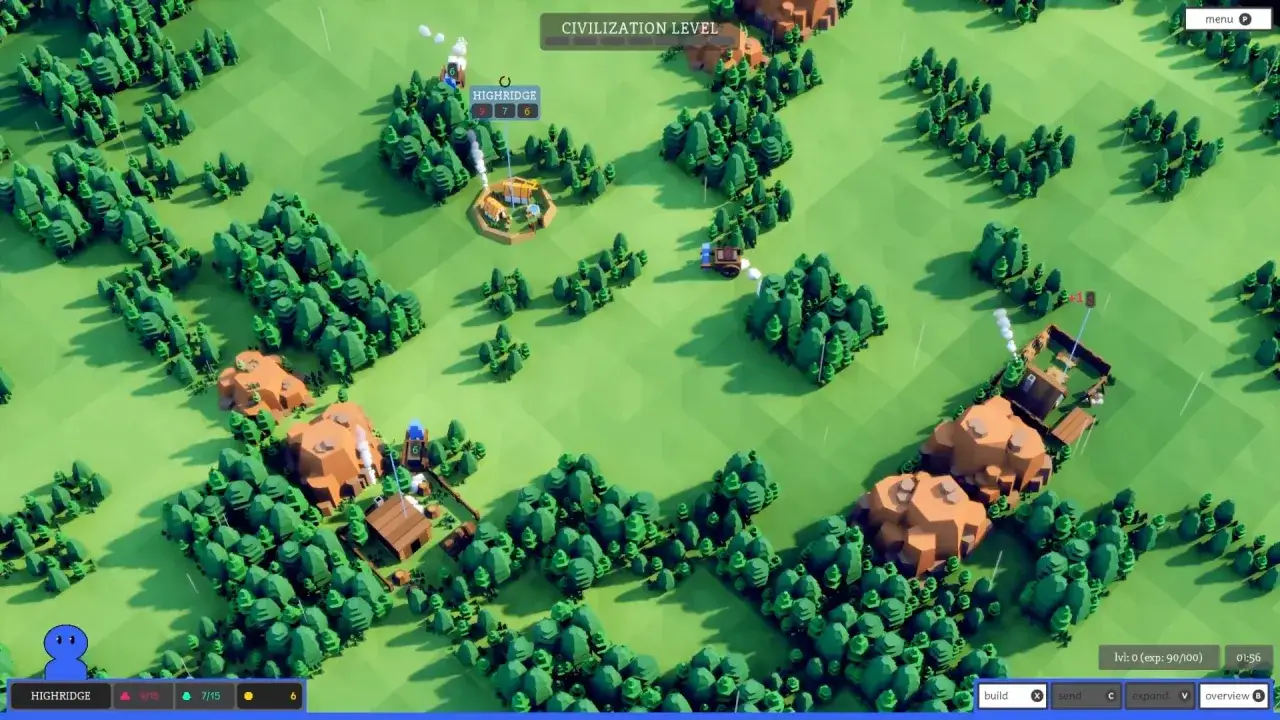 Stylizowana grafika z gry typu city builder. Widać zielone wzgórza, lasy i kilka budynków.
