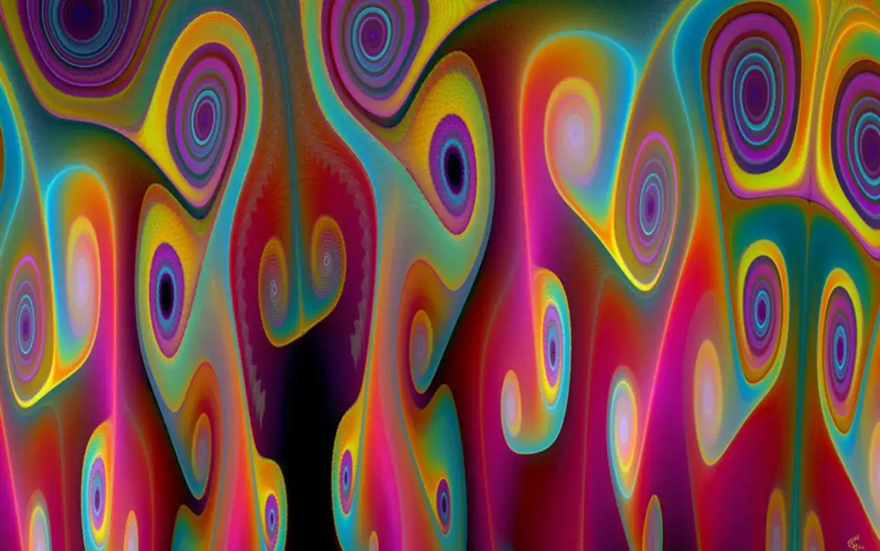 Wirujące, tęczowe kształty przypominające oczy, jak po zażyciu lsd.
