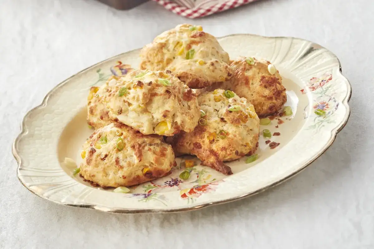 Assiette de scones am&eacute;ricains dor&eacute;s aux &eacute;clats de ma&iuml;s et ciboule, parfaits pour un brunch.