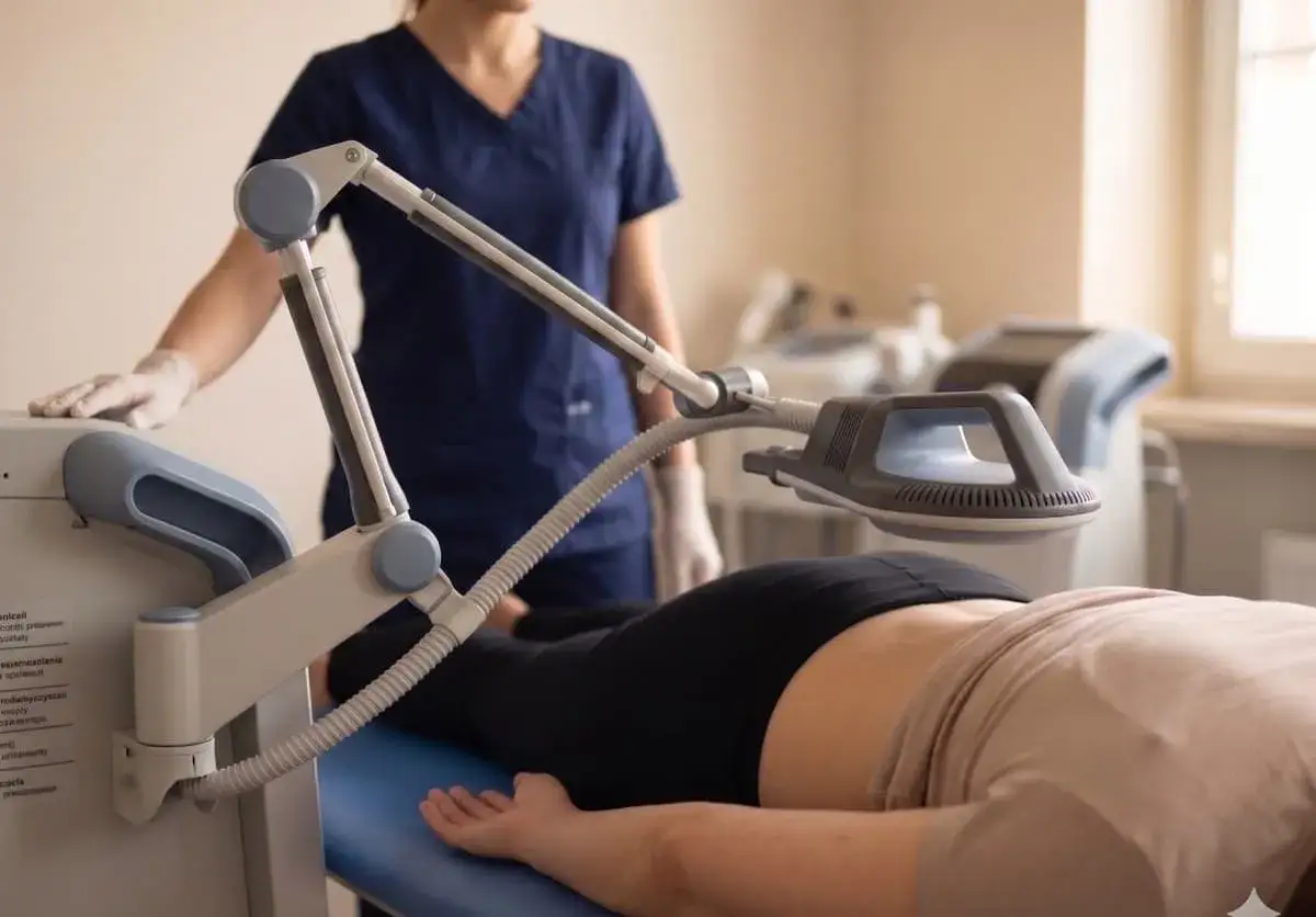 Pacjentka leży na kozetce, a fizjoterapeutka w rękawiczkach obsługuje nowoczesne urządzenie do terapii. To zaawansowana **sis rehabilitacja**.