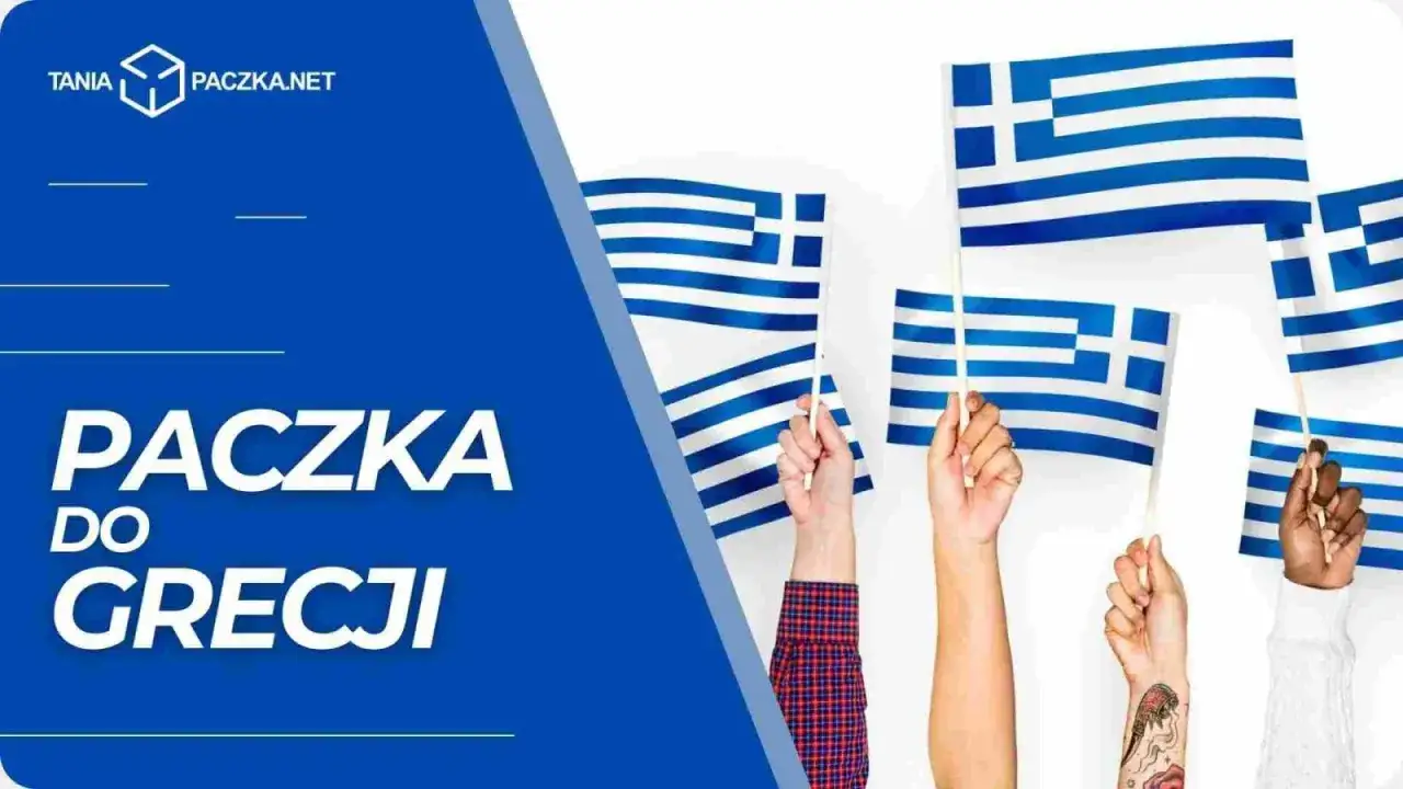 Ręce trzymają greckie flagi. Napis 