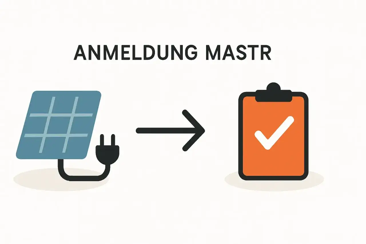 Balkonkraftwerk anmelden: Solarpanel mit Stecker, Pfeil und Checkliste. Der Prozess zur Anmeldung Ihres Balkonkraftwerks ist abgeschlossen.