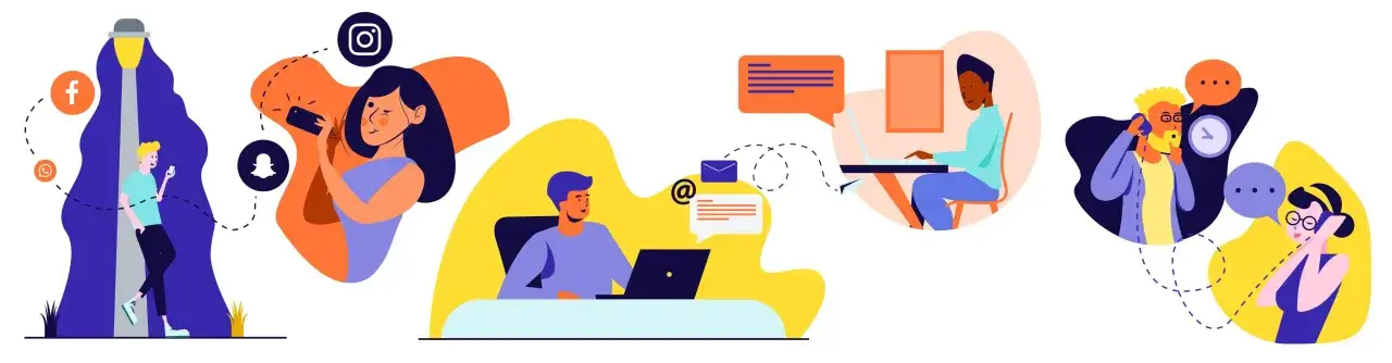 Illustration visar hur folk kommunicerar digitalt, med sociala medier och chattar. Exempel på ungdomsspråk och slang kan ses i hur de interagerar.