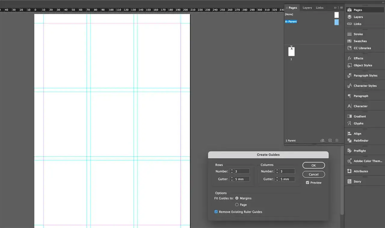 Setting up guides in InDesign to learn how to make a portfolio.