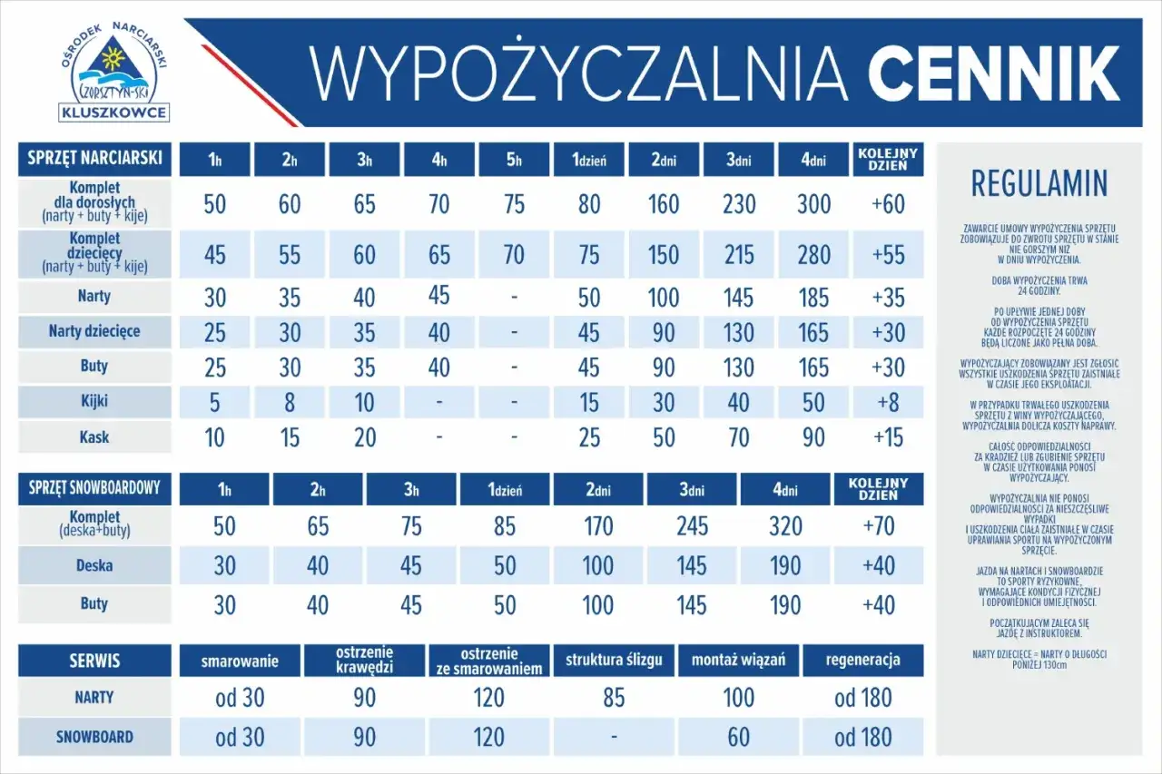 Cennik wypożyczalni sprzętu narciarskiego i snowboardowego w Kluszkowcach. Sprawdź ceny za wypożyczenie nart, desek i akcesoriów.