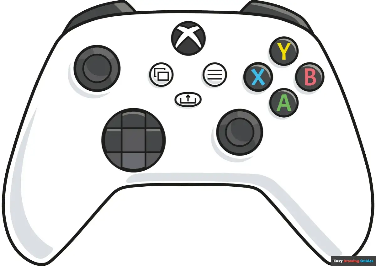 Biały kontroler Xbox z przyciskami A, B, X, Y. Prosty poradnik, jak narysować pada.