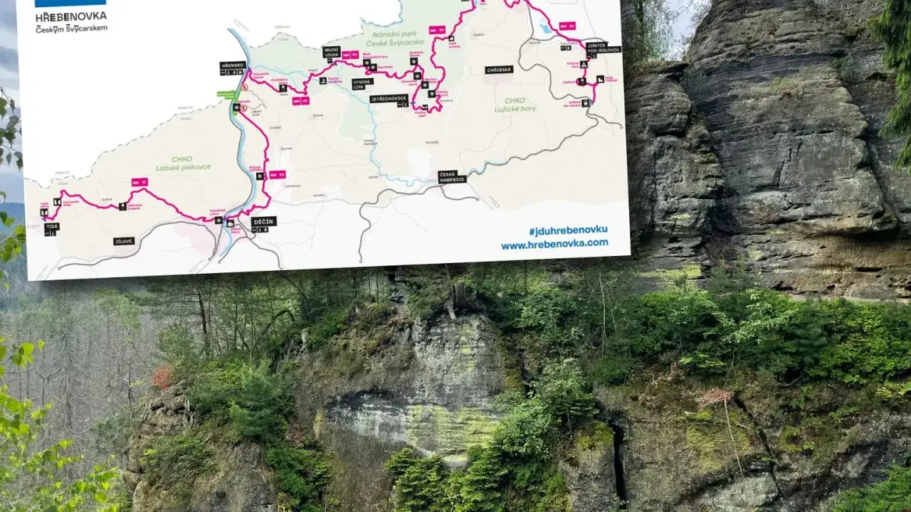 Mapa szlaku Hřebenovka w Czechach, pokazująca atrakcje turystyczne i krajobrazy Parku Narodowego Czeska Szwajcaria.