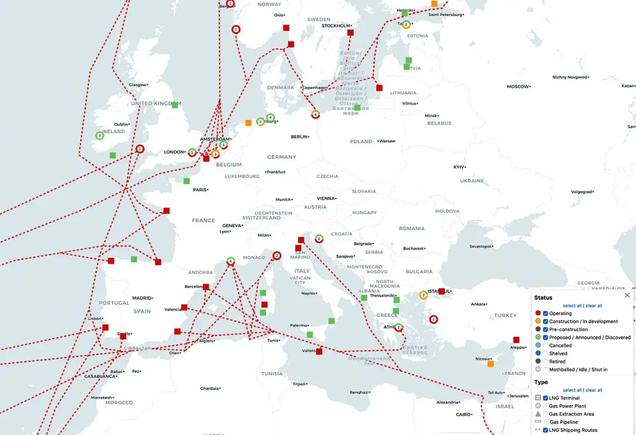 Das **Gasnetz Europa** zeigt geplante und bestehende Pipelines, LNG-Terminals und Gasf&ouml;rdergebiete auf dem Kontinent.