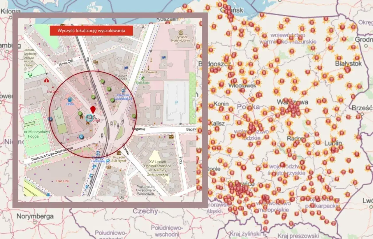 Mapa Polski z zaznaczonymi punktami, sugerująca gdzie wyjechać w razie wojny. Widoczny fragment Warszawy z lokalizacją.