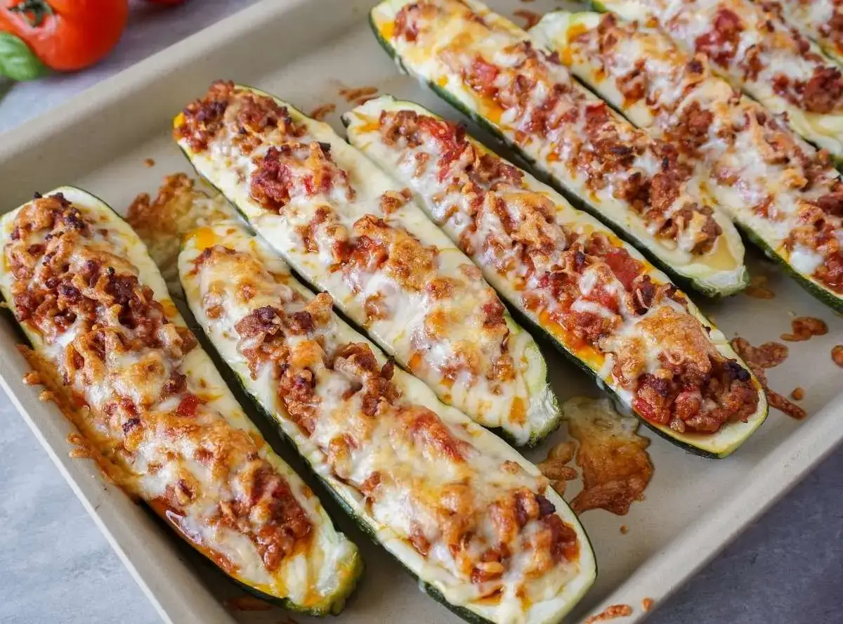 Herzhafte zucchini schiffchen, gef&uuml;llt mit Hackfleisch und &uuml;berbacken mit K&auml;se, liegen auf einem Backblech.