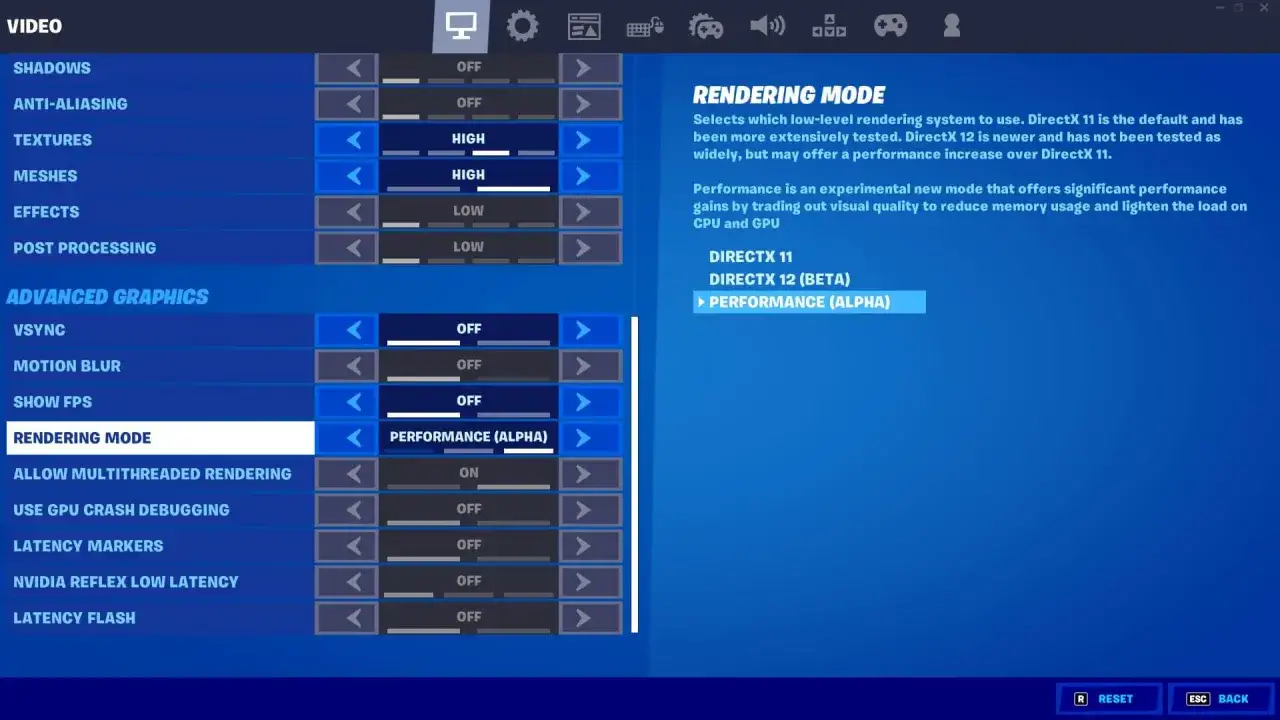 Paramètres vidéo de Fortnite : le mode de rendu est réglé sur