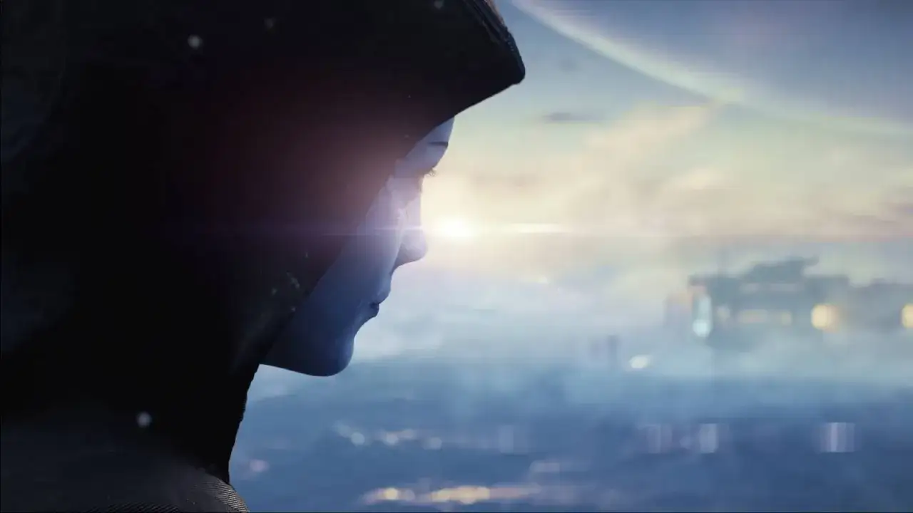 Postać w kapturze spogląda na odległą stację kosmiczną. Czy to zapowiedź Mass Effect 5?