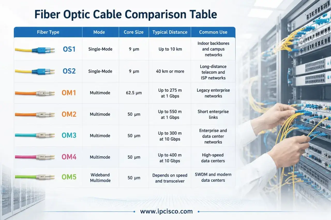 Tabela porównująca rodzaje kabli światłowodowych: OS1, OS2 (single-mode), OM1, OM2, OM3, OM4, OM5 (multimode) z ich zastosowaniami.