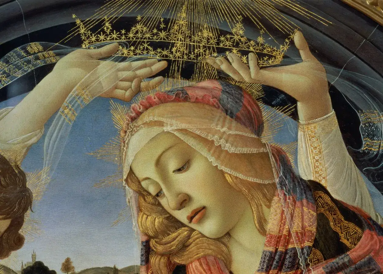 La Madone du Magnificat, couronn&eacute;e par des anges, le regard humble et doux, dans un ciel bleu et or.