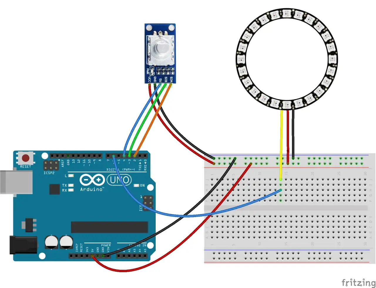 Połączenie Arduino z enkoderem inkrementalnym i pierścieniem LED. Enkoder pozwala na sterowanie efektami świetlnymi.