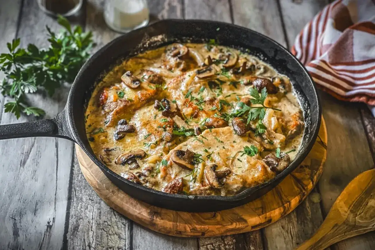 Herzhaftes Schnitzelpfanne Rezept mit cremiger Pilzsoße, garniert mit frischer Petersilie. Ein Genuss für die ganze Familie!