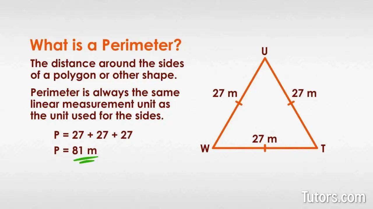 Triángulo equilátero con lados de 27 m. La fórmula para el perímetro es P = 27 + 27 + 27 = 81 m.