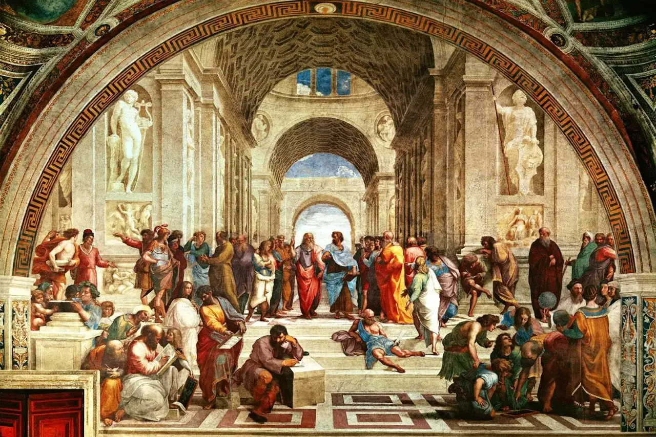 La Escuela de Atenas, obra maestra de los pintores de la edad moderna, muestra a fil&oacute;sofos y pensadores en un debate intelectual.