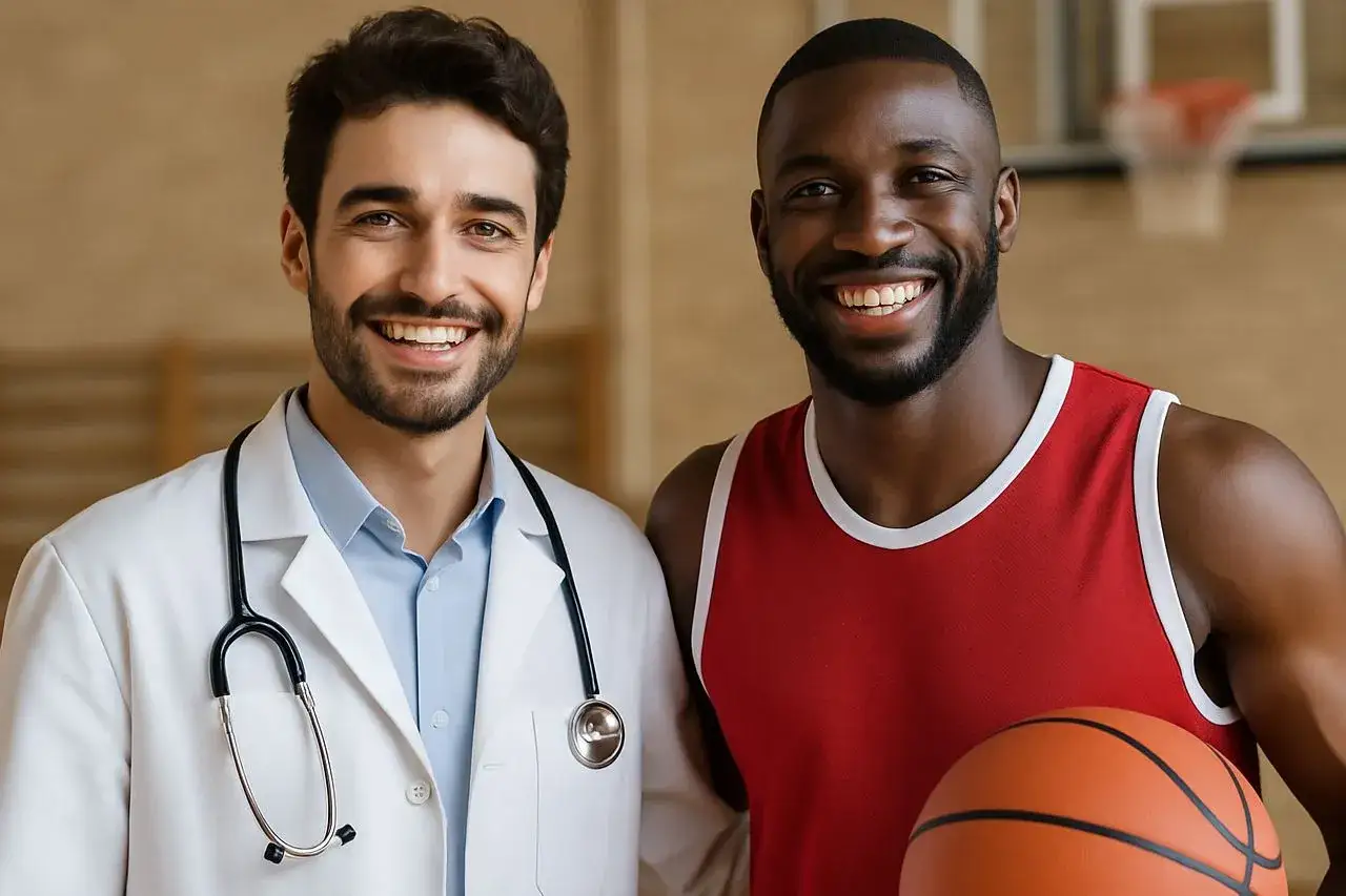 Medico dello sport sorridente con un giocatore di basket. Il suo stipendio è ben meritato per la cura degli atleti.