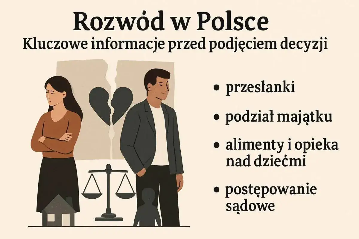 Ilustracja przedstawia parę, złamane serce i wagę sprawiedliwości, symbolizując różne rodzaje rozwodów w Polsce: przesłanki, podział majątku, alimenty i opiekę nad dziećmi oraz postępowanie sądowe.